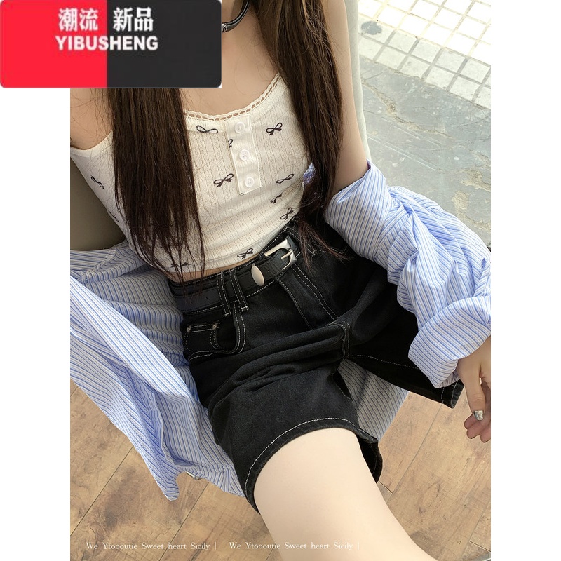 YIBUSHENG时尚复古~经典百搭牛仔五分裤女高腰直筒阔腿裤休闲裤短搭 M 黑色