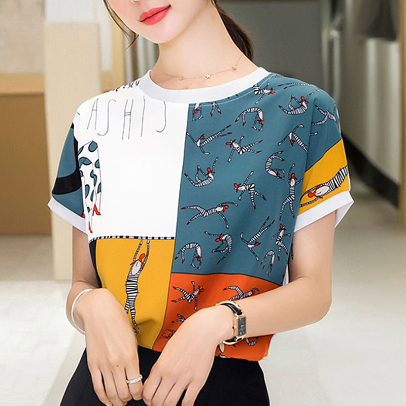 短袖雪纺衫女夏装新款洋气港味时尚t恤拼接宽松印花小衫气质上衣