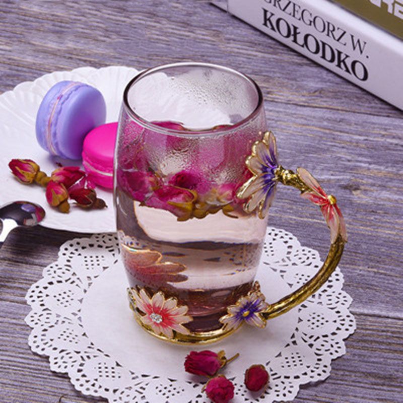 可爱玫瑰杯珐琅彩水杯家用咖啡杯泡茶杯少女心玻璃杯果汁杯花茶杯 菊花矮杯