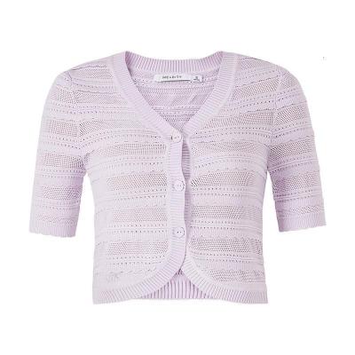【2件2折价:62】MECITY女装夏季新款气质蕾丝边外搭针织短袖V领开衫上衣女 粉紫色 155/80A