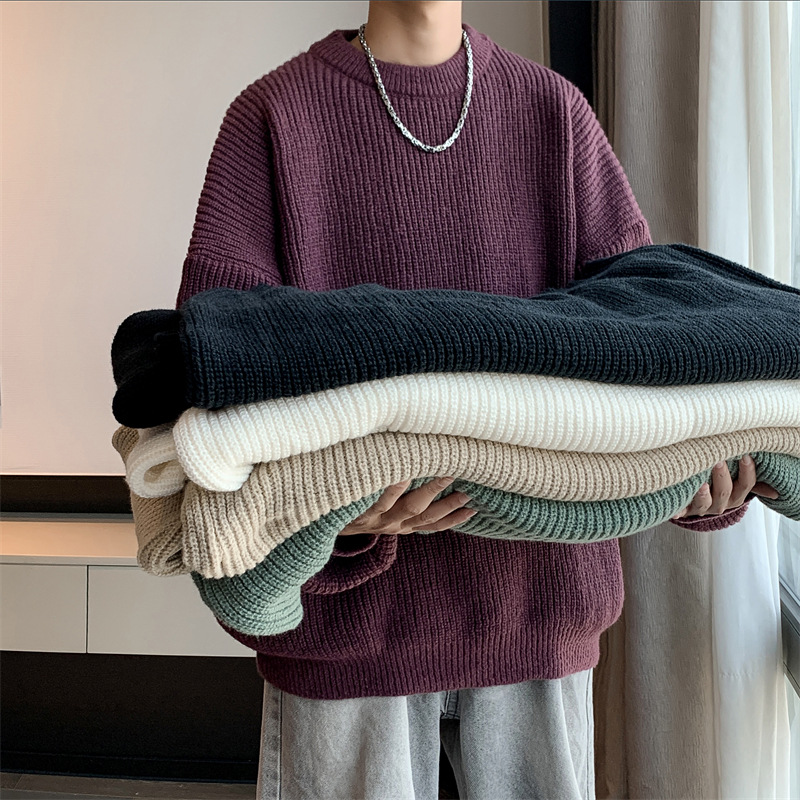 冬季新款毛衣男宽松慵懒风情侣装针织衫圆领套头纯色潮流打底线衫