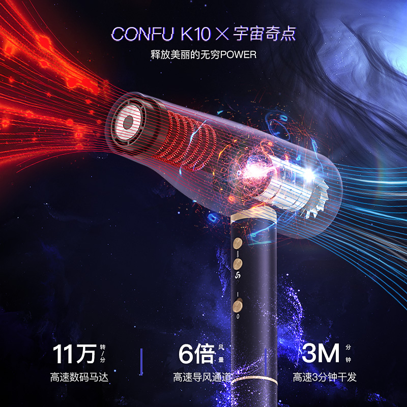 康夫(CONFU)电吹风机KF-K10 高速吹风机负离子护发家用大功率速干冷热风发型师专用风筒无刷马达高清大图