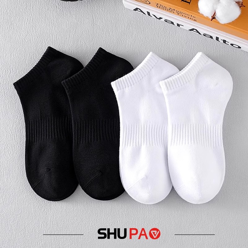 舒跑短筒男船袜子春夏黑白纯色加厚毛巾底舒适耐磨透气运动袜子女高清大图