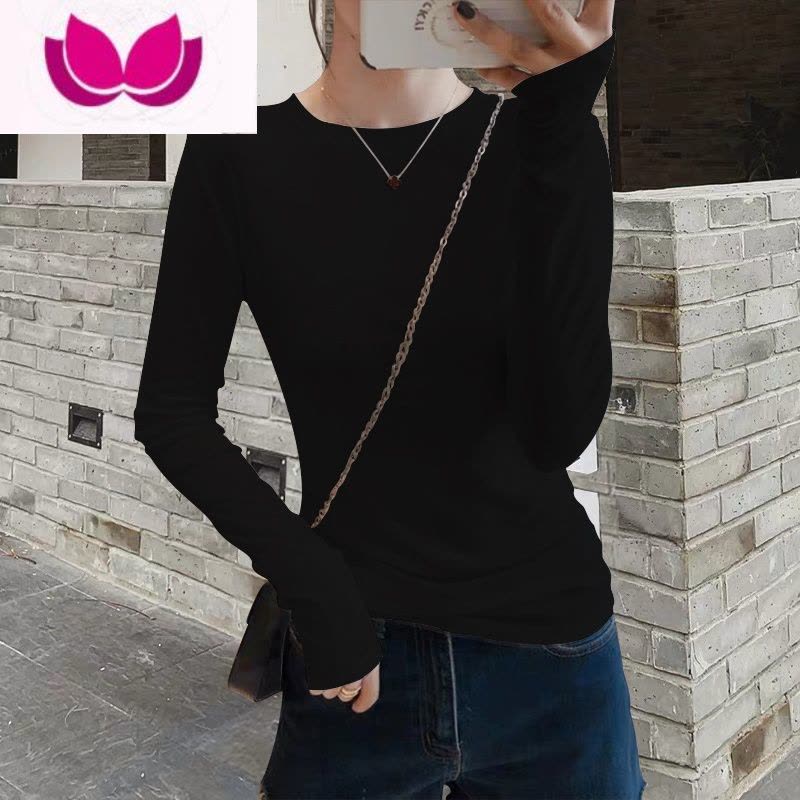 七斓早春白色长袖t恤女2023年新款漂亮纯色圆领上衣欧货修身打底衫ins图片