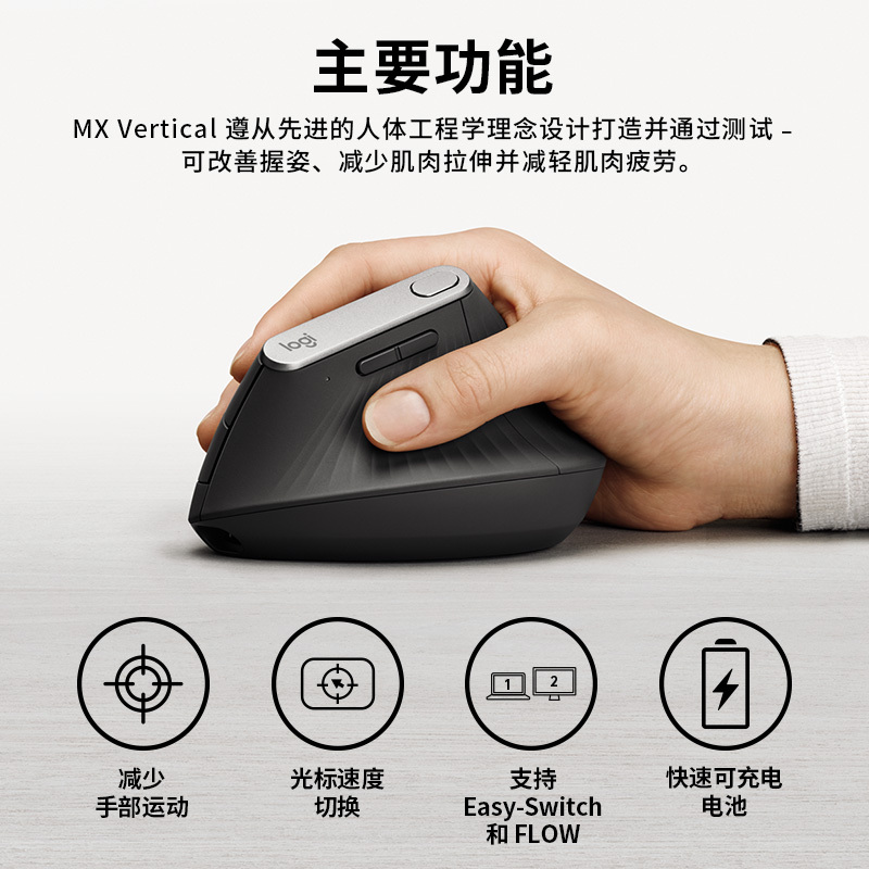罗技(Logitech)MX Vertical 无线蓝牙鼠标 商务办公鼠标 人体工程学鼠标 垂直鼠标 带无线2.4G接收
