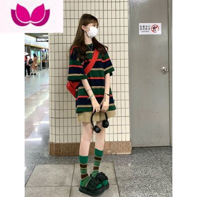 七斓网红甜酷休闲运动套装女夏美式校园风可爱红色条纹T恤短裤套 上衣+裤子 L