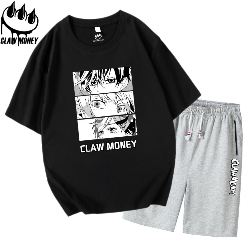 Claw money短袖T恤套装男ins动漫体恤全套休闲短裤宽松大码五分裤