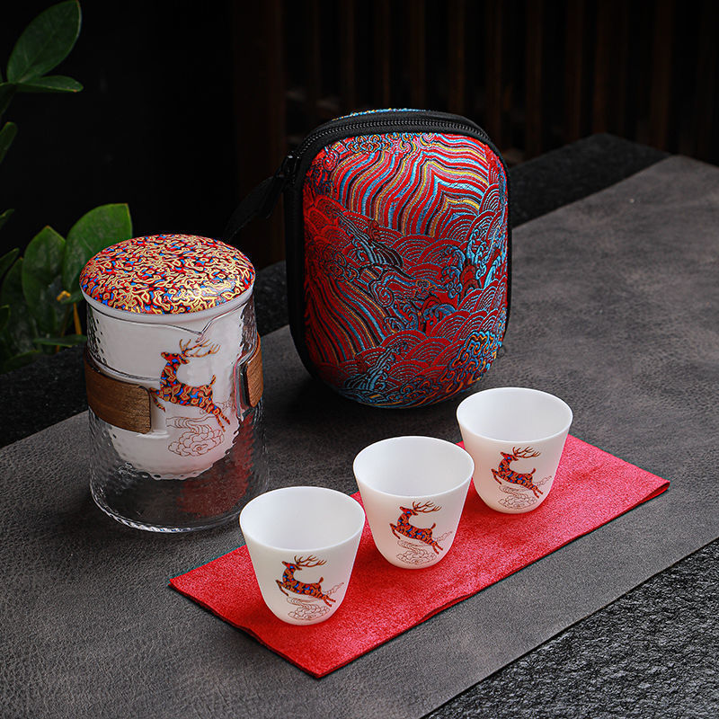 办公垂钓旅行茶具套装便携式茶具户外快客杯茶水分离一壶三杯 一鹿有你(一壶三杯+印花包+茶巾)