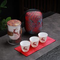 办公垂钓旅行茶具套装便携式茶具户外快客杯茶水分离一壶三杯 一鹿有你(一壶三杯+印花包+茶巾)