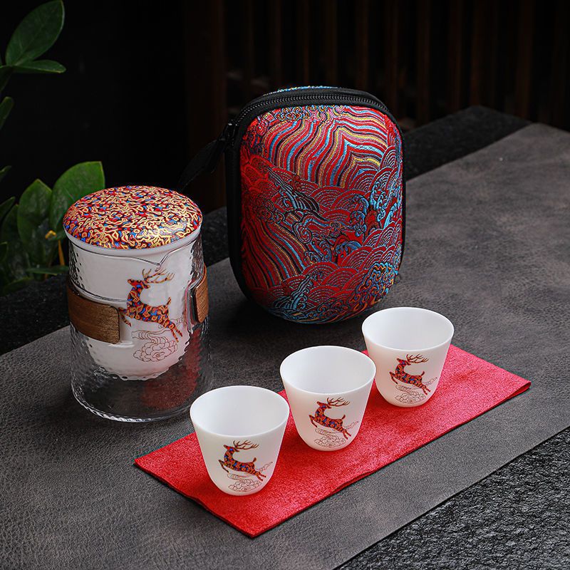 办公垂钓旅行茶具套装便携式茶具户外快客杯茶水分离一壶三杯 一鹿有你(一壶三杯+印花包+茶巾)
