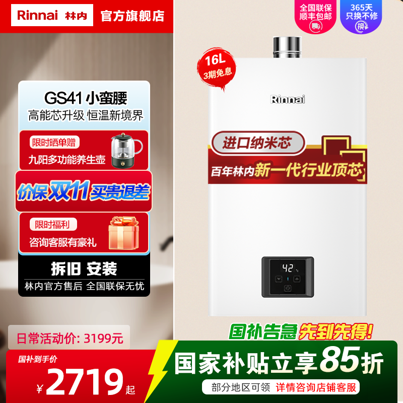 林内/Rinnai 16升燃气热水器16GS41(JSQ31-GS41)智能变频恒温水气双调防风防冻 小蛮腰