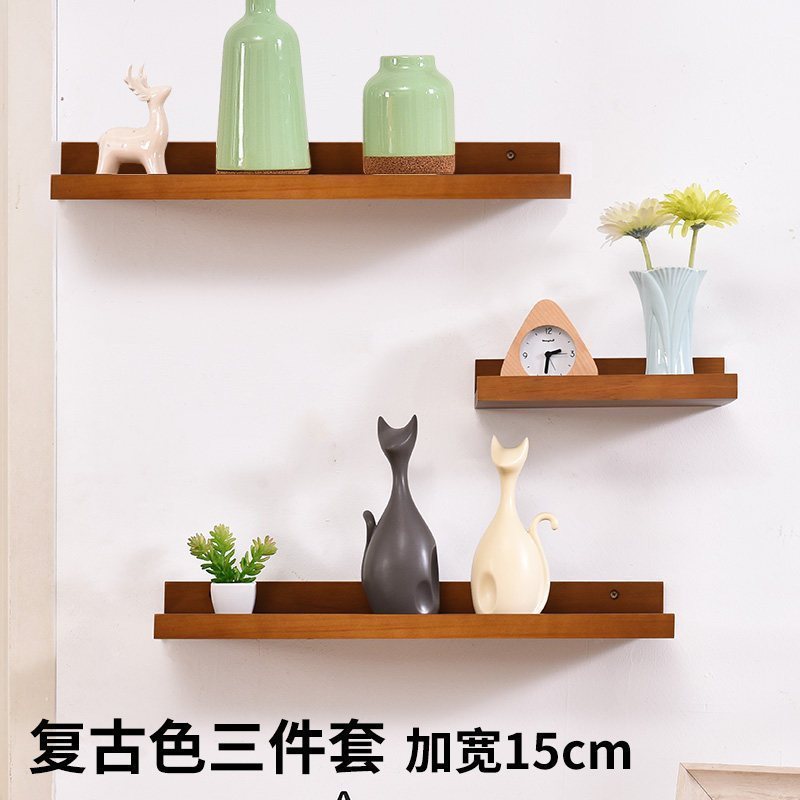 家柏饰(CORATED)客厅墙上置物架卧室壁挂电视背景墙装饰架一字实木板简约现代书架 复古色三件套高清大图