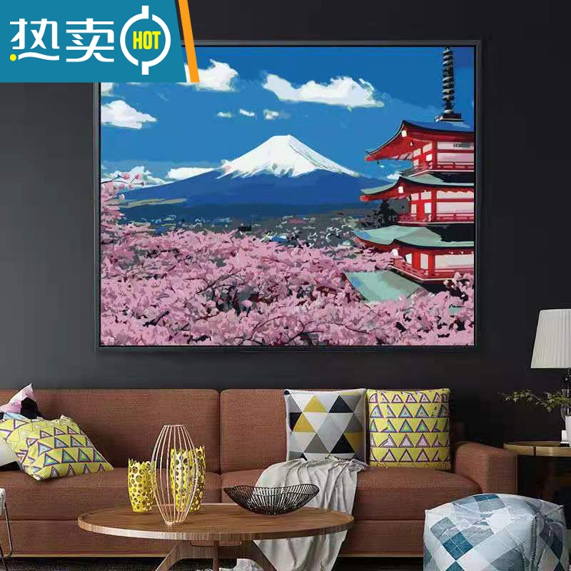 敬平数字油画diy手工绘画填色现代简约风景挂画装饰画富士山樱花装饰画 603富士山 彩色画板+颜料画笔+配件40*50内框+画架+组合外框(黑白