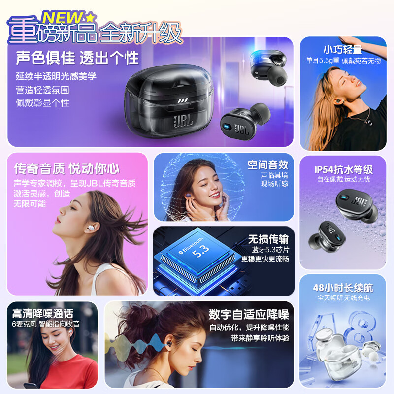 JBLTUNE BUDS2 琉璃豆真无线蓝牙耳机 主动降噪音乐运动耳机 苹果华为小米耳机黑
