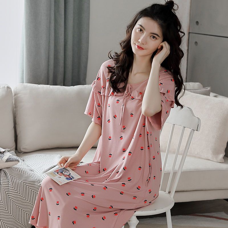 莫代尔睡裙女夏季薄款宽松大码睡衣女2200斤胖mm孕妇长款裙子夏天