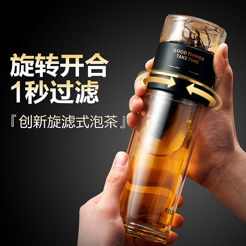 家柏饰(CORATED)茶水分离双层玻璃杯男透明泡茶杯过滤便携过滤茶杯杯子水杯 升级款双层象牙白(提环款)高清大图