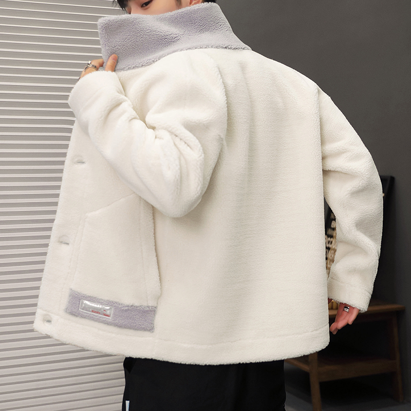 yuansu羊羔绒外套男士青年潮牌颗粒绒夹克加厚休闲棉衣帅气白色男装