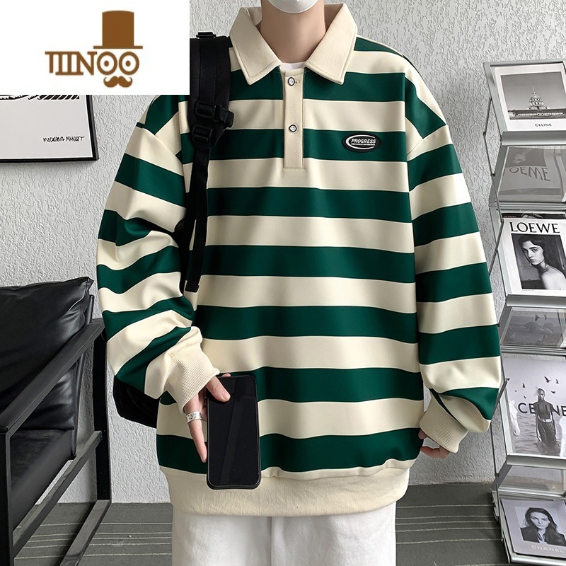 YANXU翻领卫衣男士宽松长袖polo衫休闲复古情侣条纹外套上衣高清大图