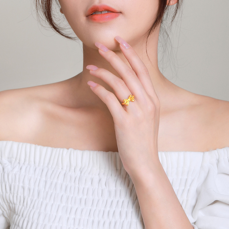 梦金园在逃公主系列蝴蝶结黄金戒指甜美少女心足金指环硬金显大