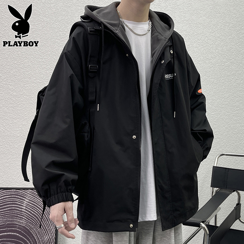 花花公子假两件连帽工装夹克男士潮流新款衣服加棉秋冬外套男冬假 5XL推荐181-210斤 302黑色