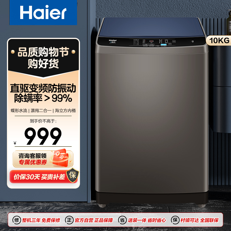 海尔(Haier) 10公斤大容量 波轮洗衣机全自动 直驱变频 蝶型水流 除螨洗租房神器 节能EB100B20Mate1