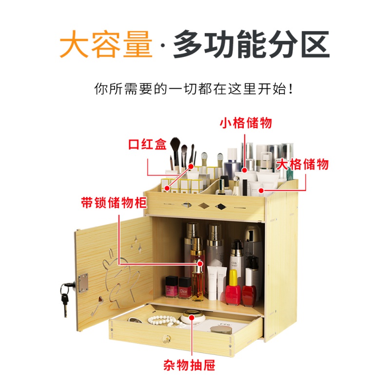 美帮汇带锁化妆品收纳盒抽屉学生宿舍桌面整理口红护肤梳妆台置物架箱柜高清大图