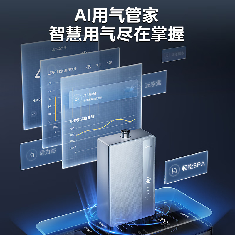 美的[16LN7 Pro]16升燃气热水器天然气[超一级能效 下置风机]智控增压水伺服恒温高清大图