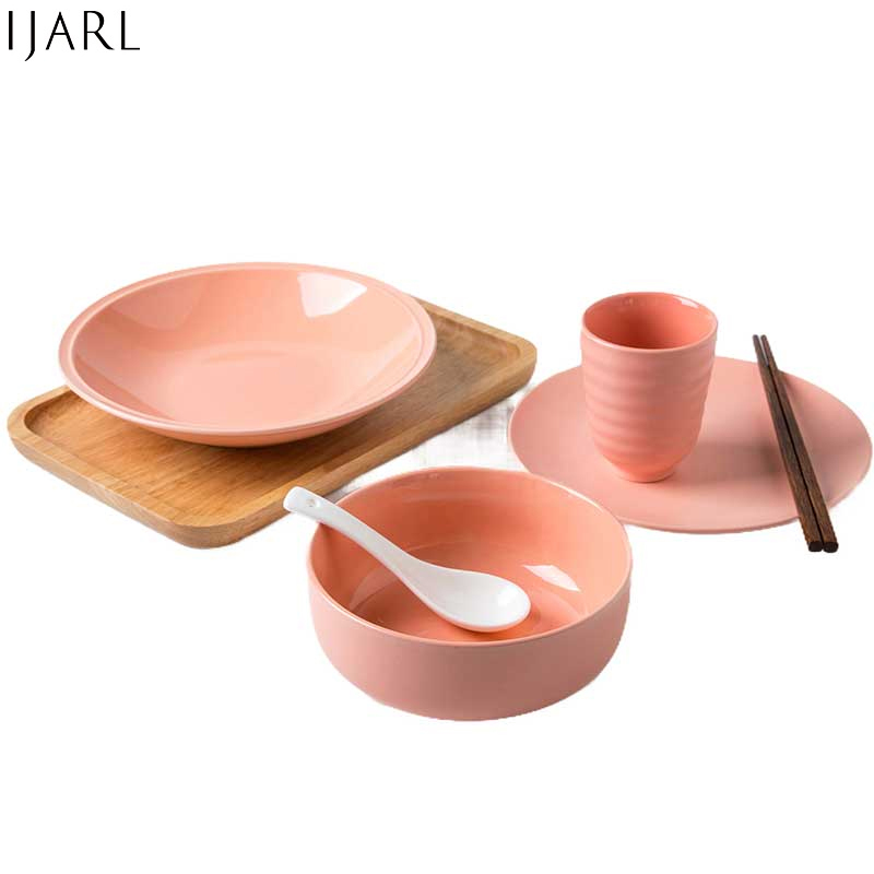 IJARL亿嘉 简约陶瓷餐具套装碗盘碗筷子勺碟套装家用碗具 极光一人食6件套(浅红)
