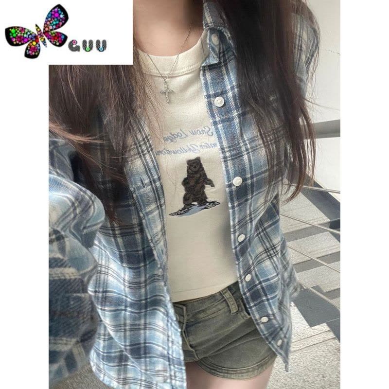 语娄57AND26美式复古格子衬衫女款秋季宽松设计感小众衬衣上衣薄外套图片