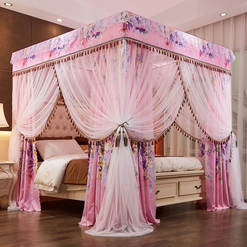 蚊帐家用床帘一体式遮光欧式带支架加密加厚宫廷落地床幔防尘顶布