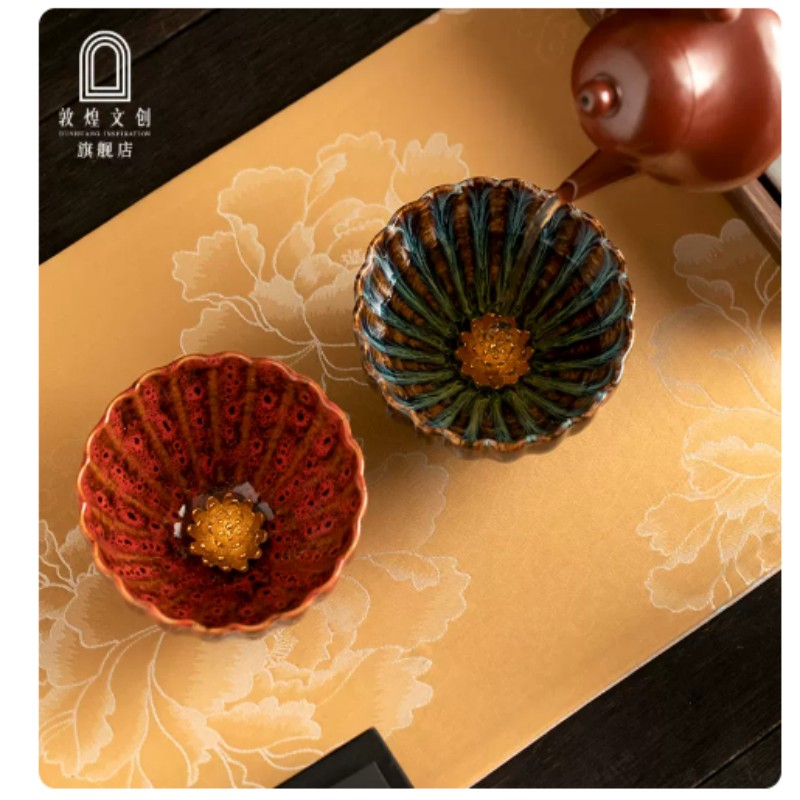 敦煌文创家居器皿陶瓷茶具套装中式复古设计手工雕刻纹饰典雅实用礼盒装高清大图