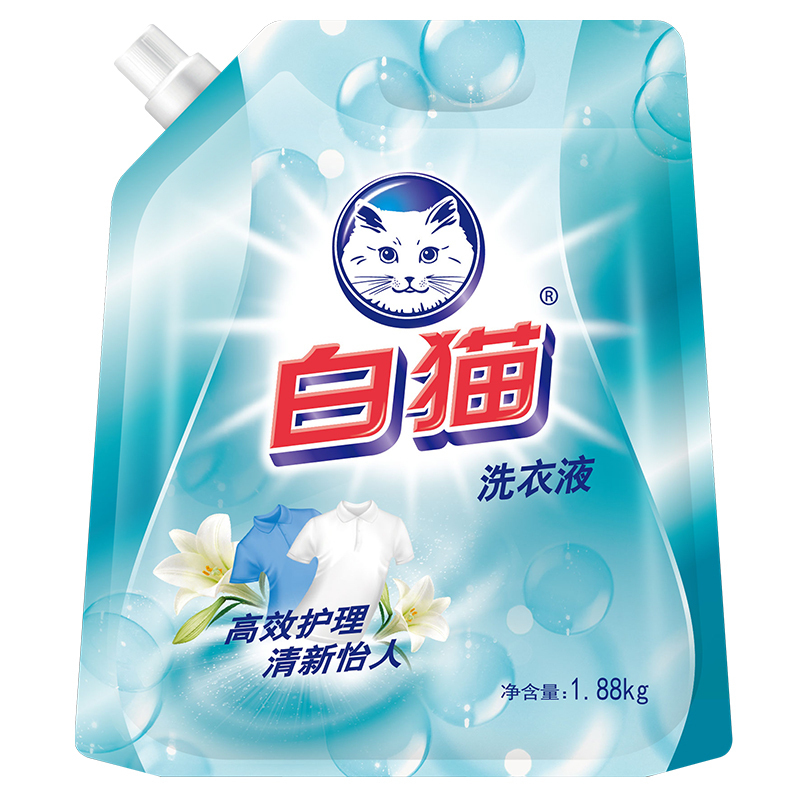 白猫深层去渍淡雅清香洗衣液1.88kg*6袋箱装祛除异味高效洁净(苏宁定制)