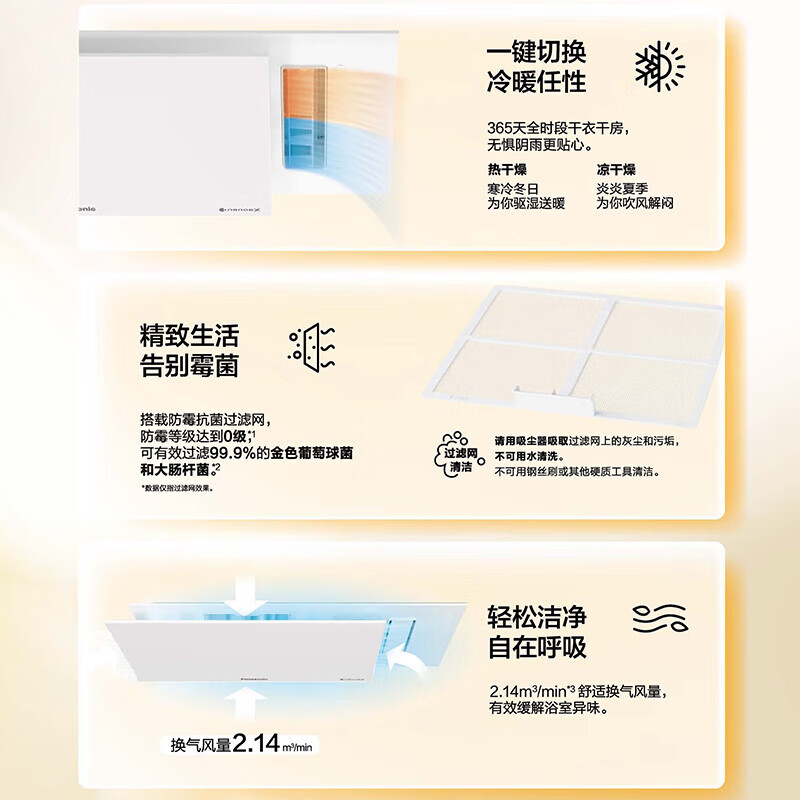 松下(Panasonic)浴霸暖风机大功率速暖加热器2650W除菌超薄大白滑盖排气扇浴室五合一暖霸FV-54BVL3C高清大图