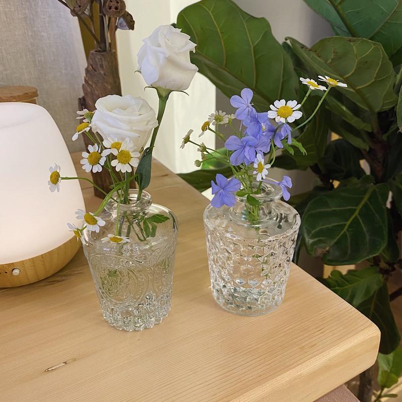 不含花朵 少女心放映室 ins复古透明浮雕玻璃小花瓶 学生房间绿植装饰