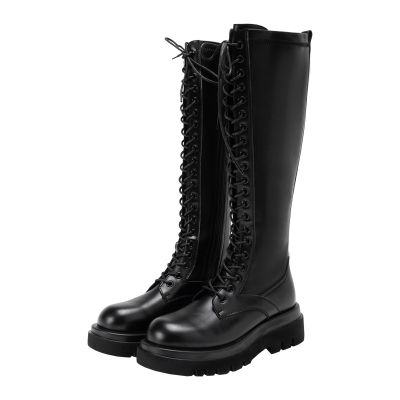 真皮骑士靴女新款厚底不过膝小个子靴子女马丁靴 8282黑色单靴 37码