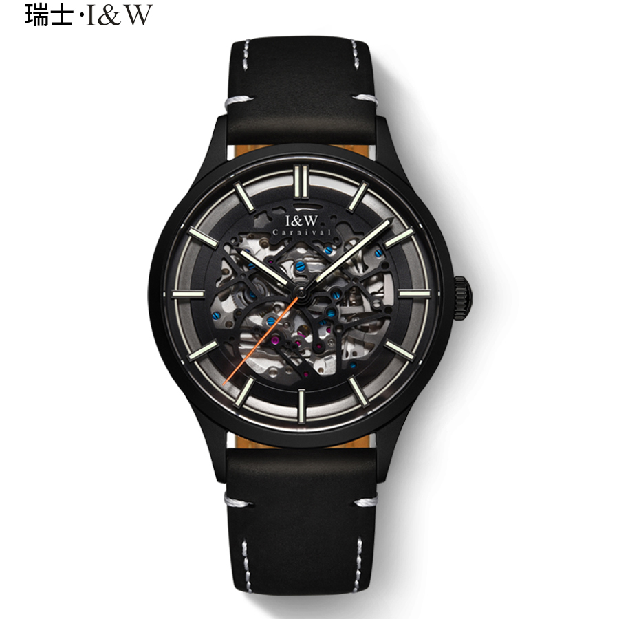 瑞士正品爱沃驰I&W CARNIVAL手表全自动机械表 男表进口机芯表镂空夜光时尚潮流防水表品牌腕表钢带588G 全黑黑光皮