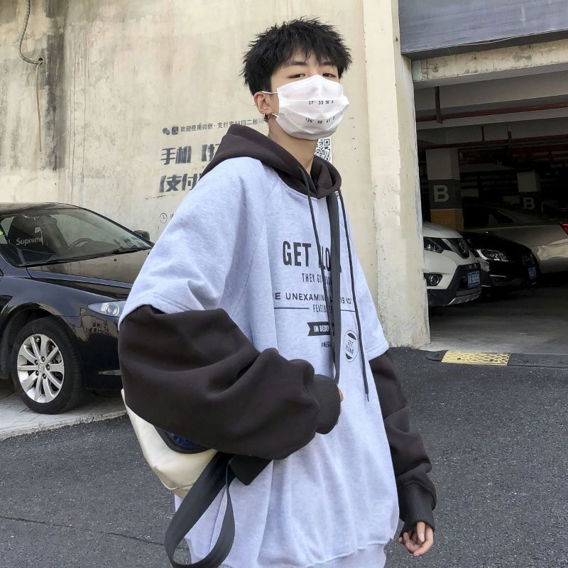 梵克公牛香港牌网红假两件卫衣男春季流嘻哈les帅t宽松ins港风连帽外套款