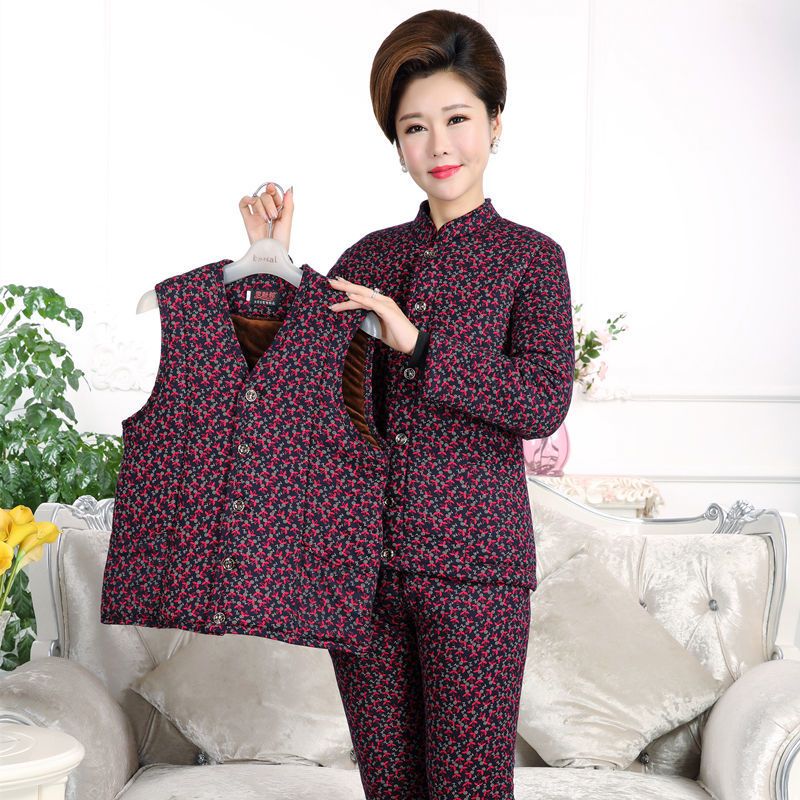 中老年女装棉衣驼绒棉服马甲加绒棉袄棉裤套装三件套妈妈冬装外穿