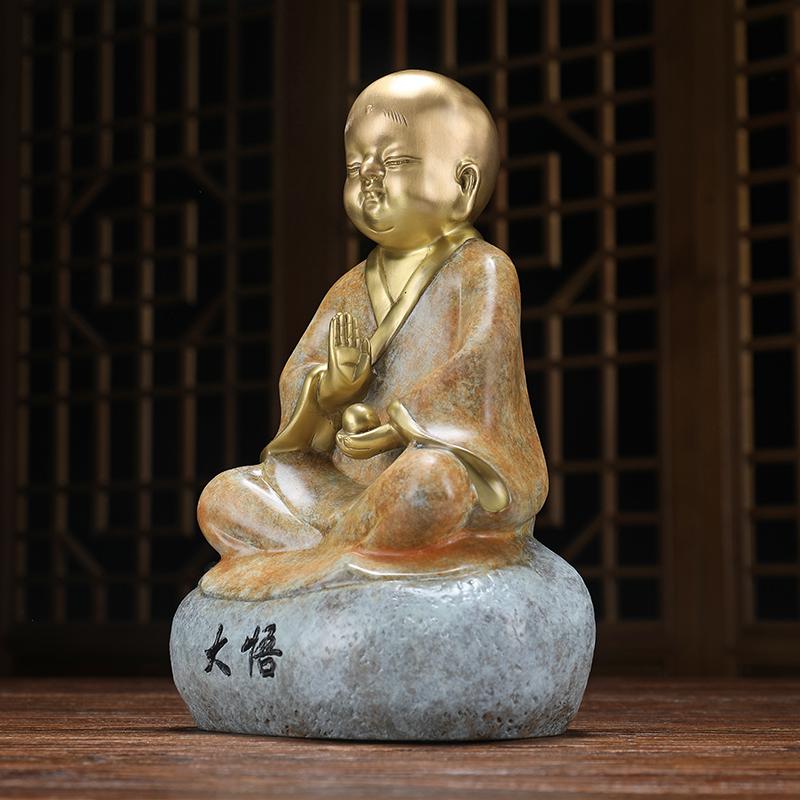 美帮汇大悟禅意小和尚摆件小沙弥佛像铜像客厅茶几茶桌装饰茶道办公桌室高清大图