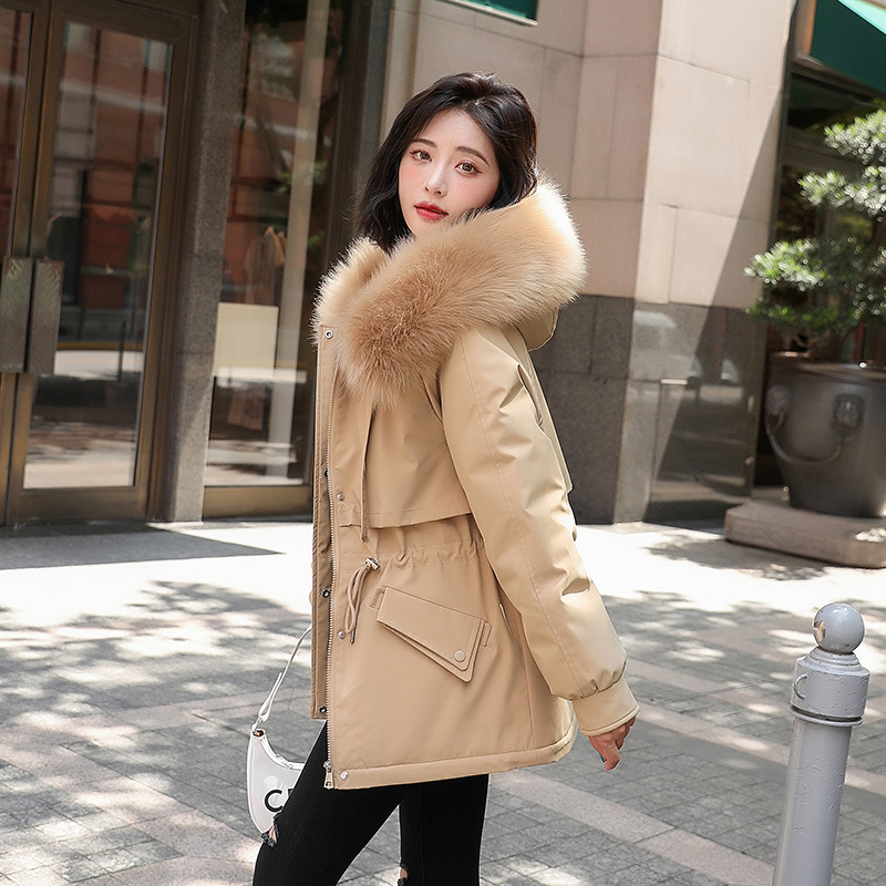 2023年冬装新款可拆卸毛领宽松连帽抽绳加绒加厚派克服显瘦外套女