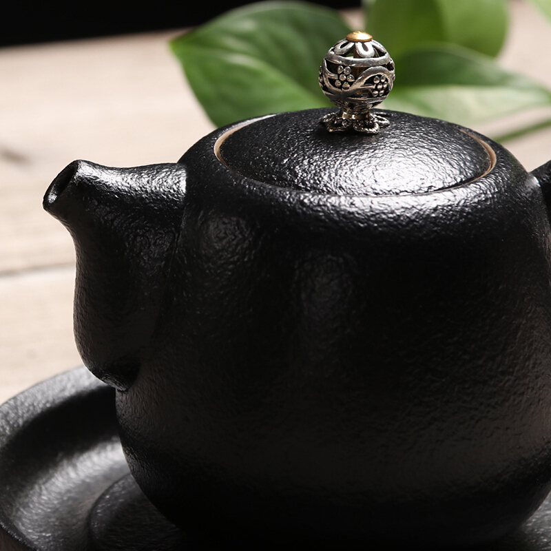 百鸿(Baihong)整套茶具锤纹黑陶茶壶套装家用办公功夫茶具陶瓷创意茶道泡茶 小暖壶D17头哑黑带杯垫套装D03