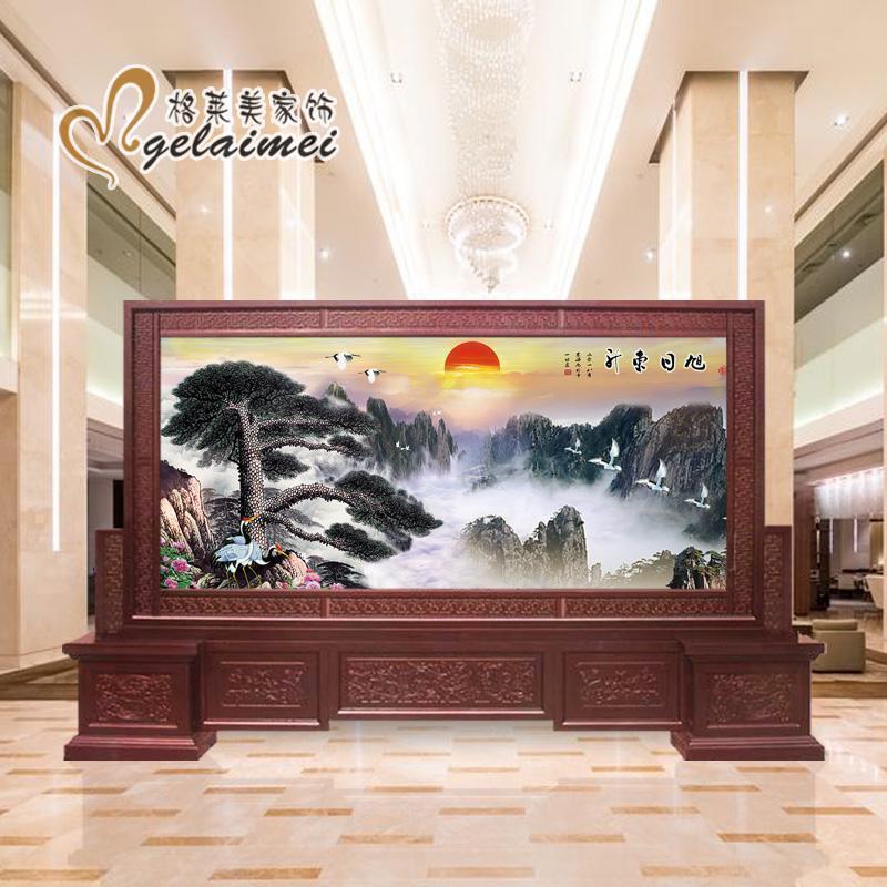 BONJEAN中式实木刻屏风隔断客厅办公室酒店公司大厅山水迎客松屏风高清大图