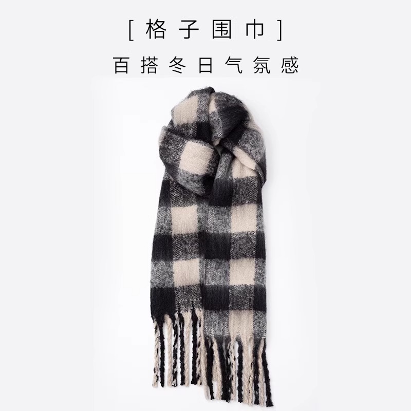 2024新款秋冬季加绒加厚围巾女黑白格子韩式百搭情侣保暖围脖 虞书欣同款【黑白格280克】