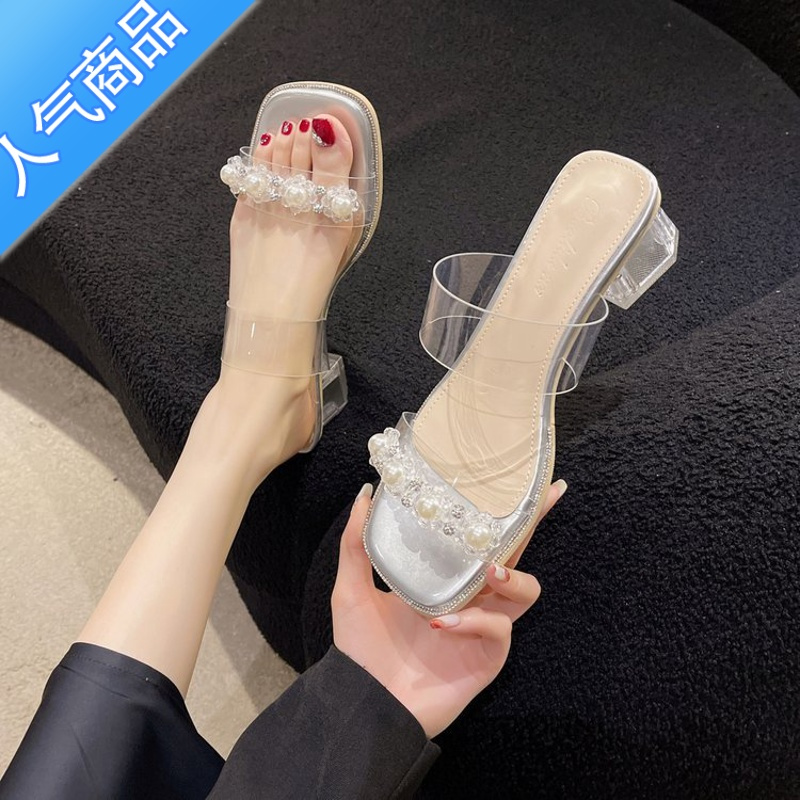 SUNTEK透明凉鞋女高跟鞋2023年夏季新款中跟时装百搭粗跟外穿水钻凉拖鞋