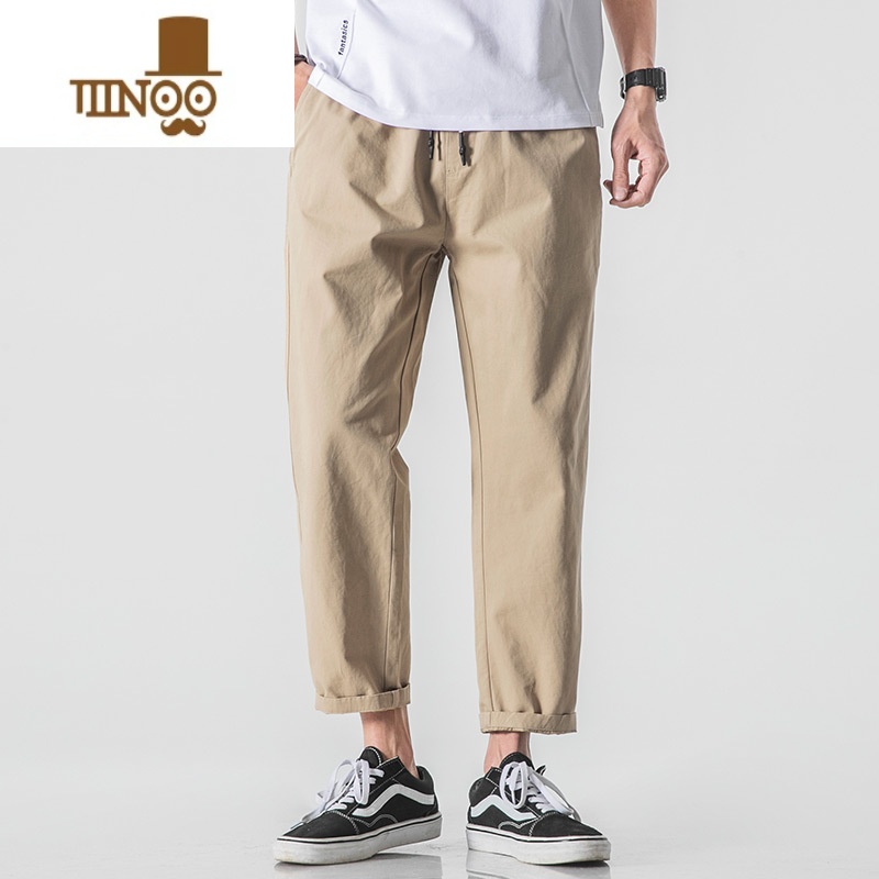 YANXU九分裤男休闲裤男裤百搭修身西裤小脚灰色裤子 卡其透气九分裤 185/XXL