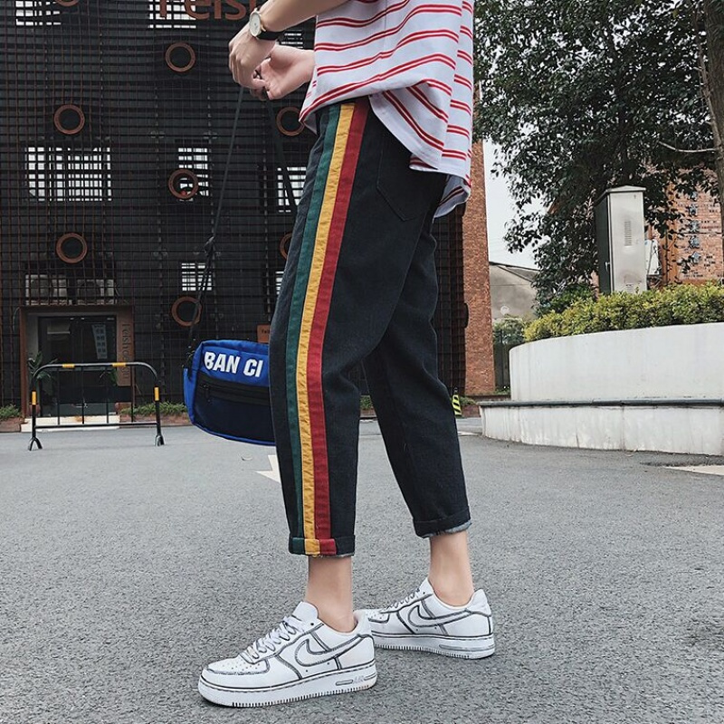 春夏港风彩带镶边牛仔裤九分裤男士小脚帅气帅气 男装9分裤子休闲