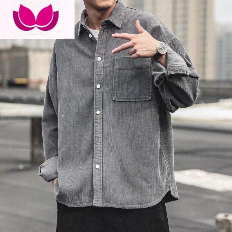 七斓青年内搭灯芯绒衬衫男长袖日系潮流潮牌休闲宽松衬衣男外套 浅灰色高端款 M