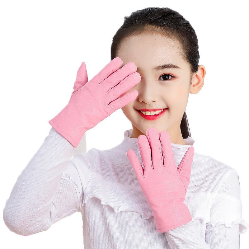 儿童皮手套秋冬季男女童手套保暖加绒五指防寒防水玩雪小孩学生粉色
