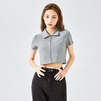[1.5折价41元]唐狮夏季新款短袖T恤女别致短款灰色上衣设计感小众polo衫潮