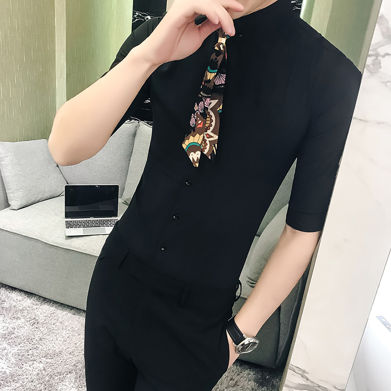 2018夏季年轻男士韩版花领带纯色五分袖中袖衬衫型师夜店男寸衣